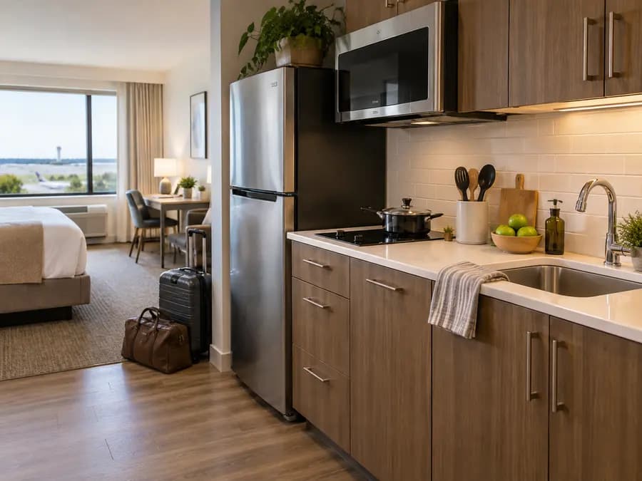 Kitchenette and organized luggage in an extended stay suite